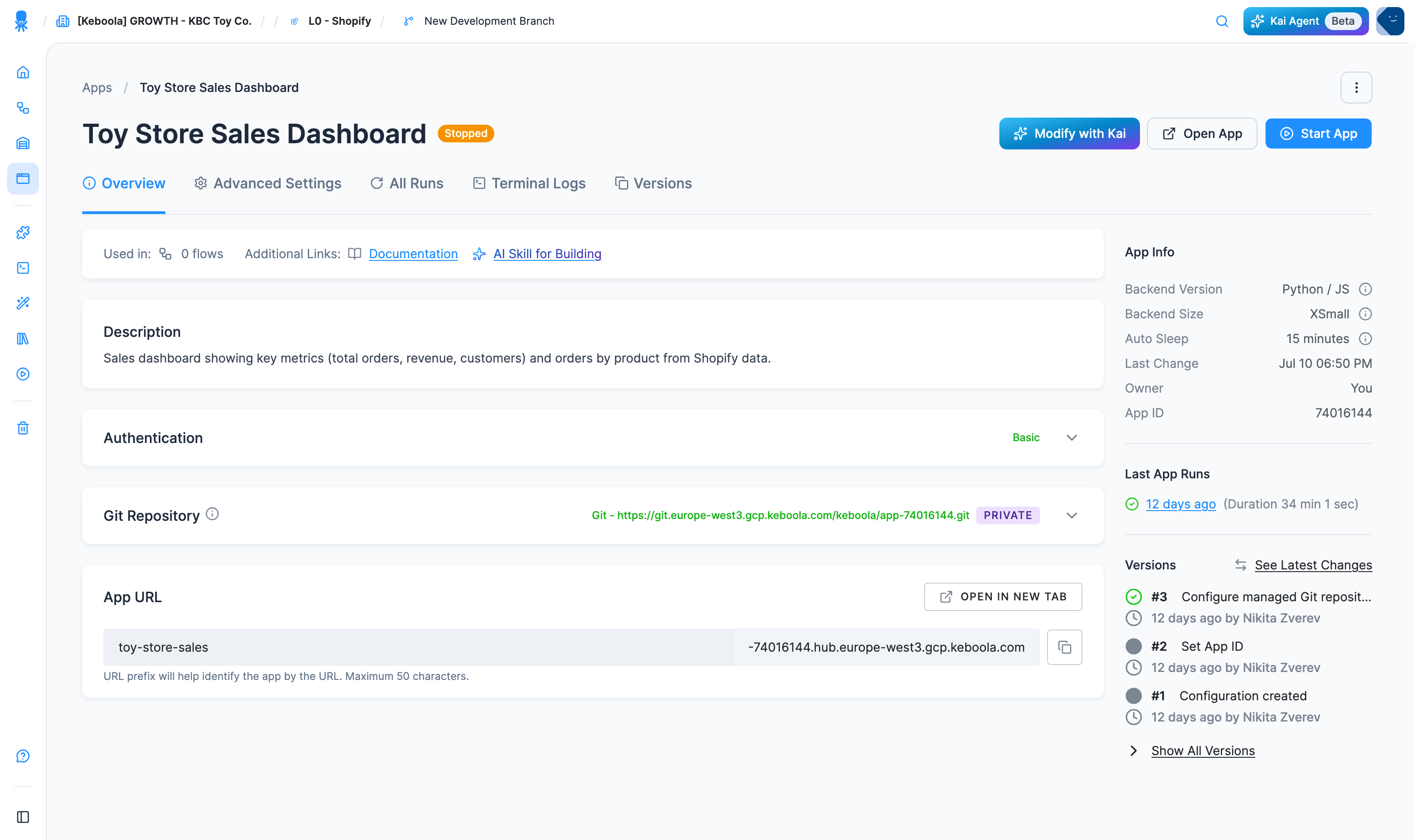 The app's Overview tab: Description, Authentication, and Git Repository cards, then the App URL block, with the App Info panel on the right